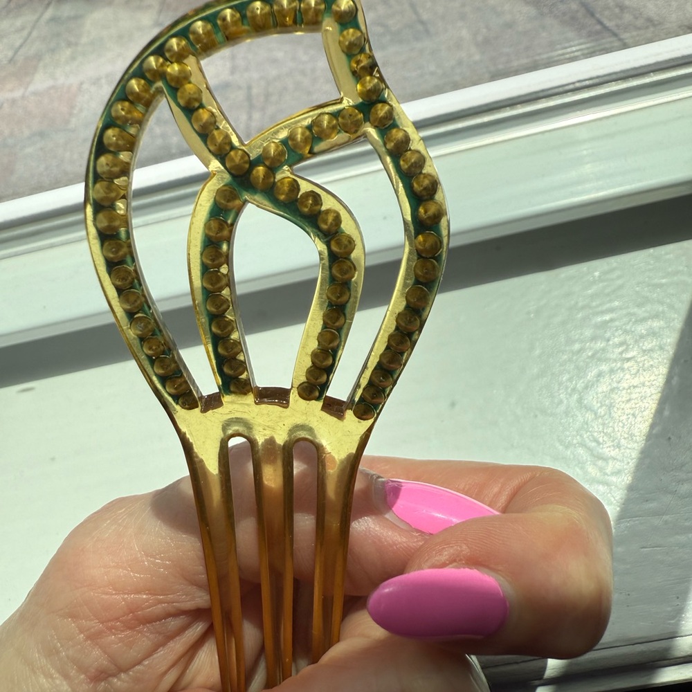 Antique 1920s celluloid Hair Comb with Blue sparkly stones. - Picture 3 of 8